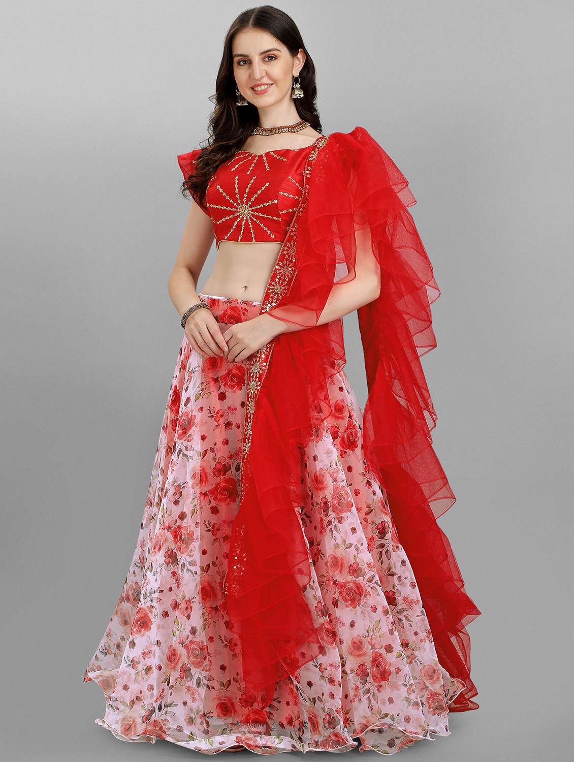 red organza flared lehenga