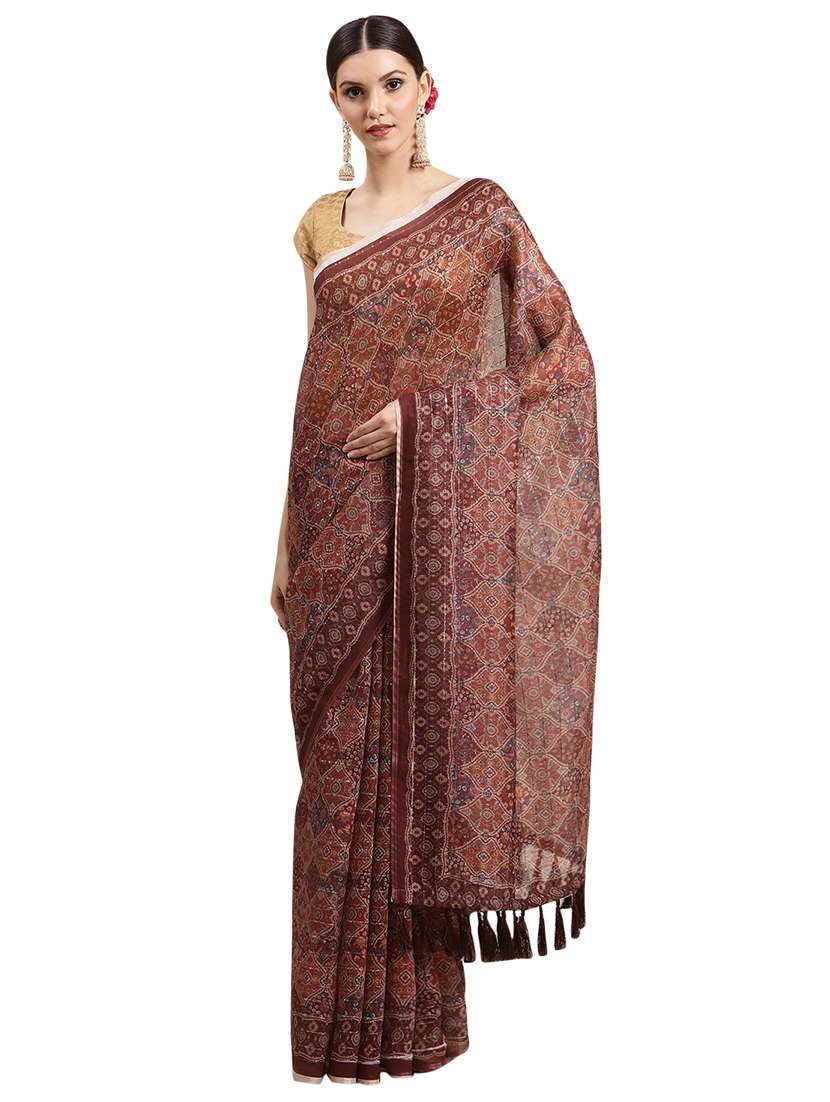 brown printed saree with blouse