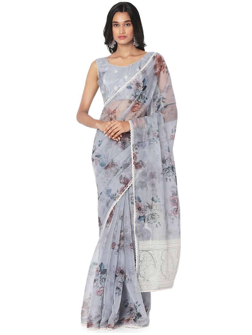 grey organza printed saree with blouse