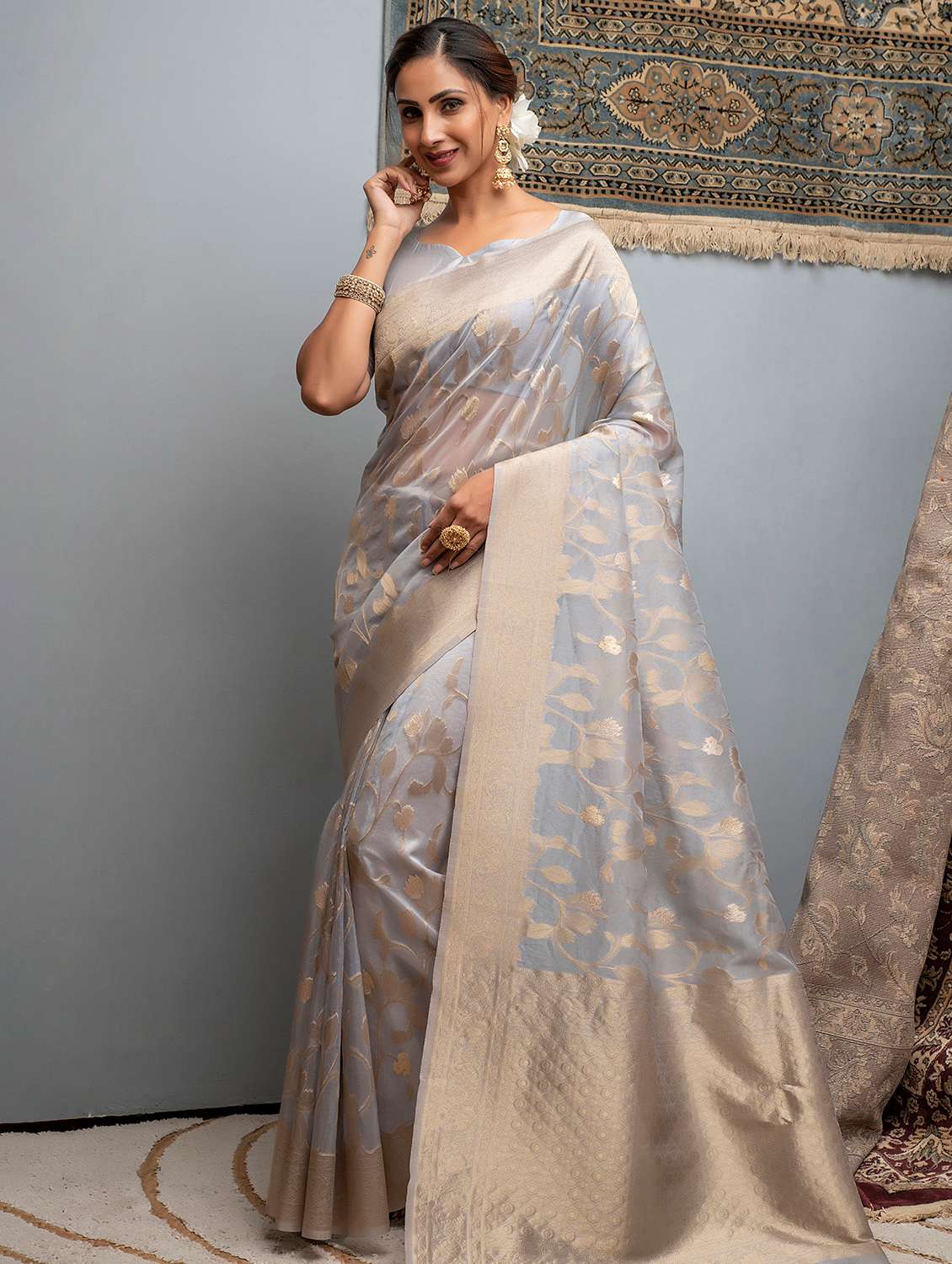 grey organza woven saree with blouse