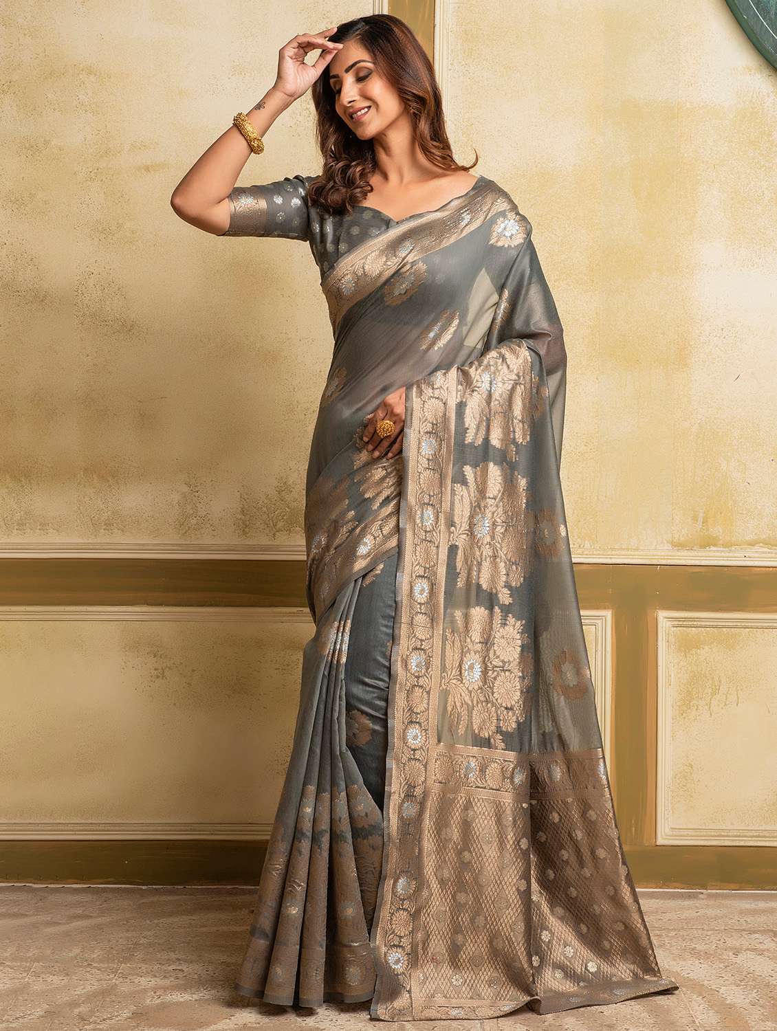 grey cotton blend woven saree with blouse