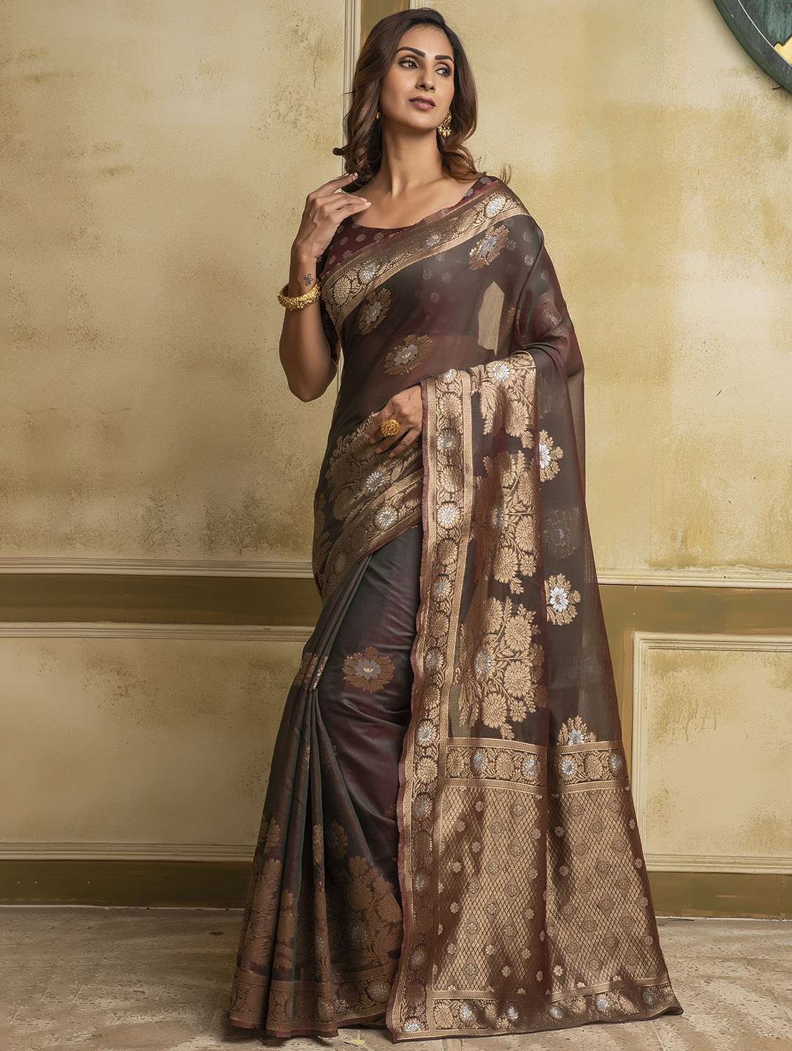 brown cotton blend woven saree with blouse