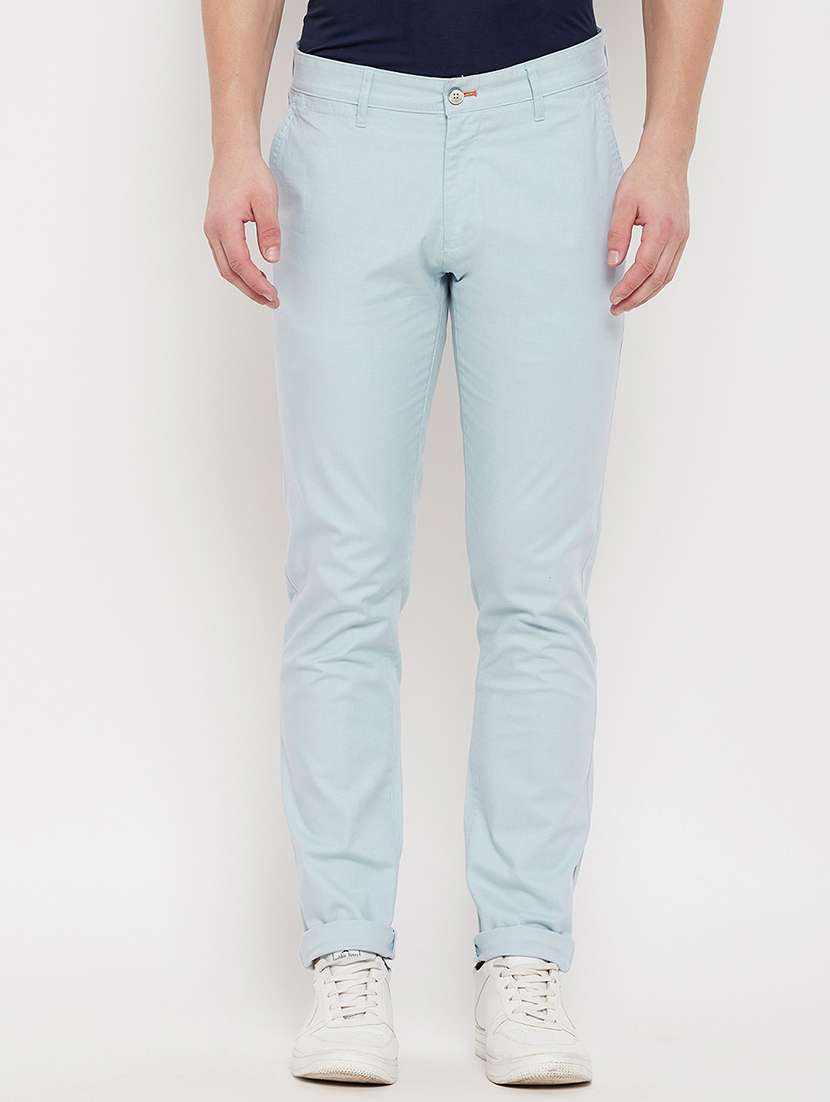 light blue solid flat front casual trouser - 18422192 -  Zoom Image - 0