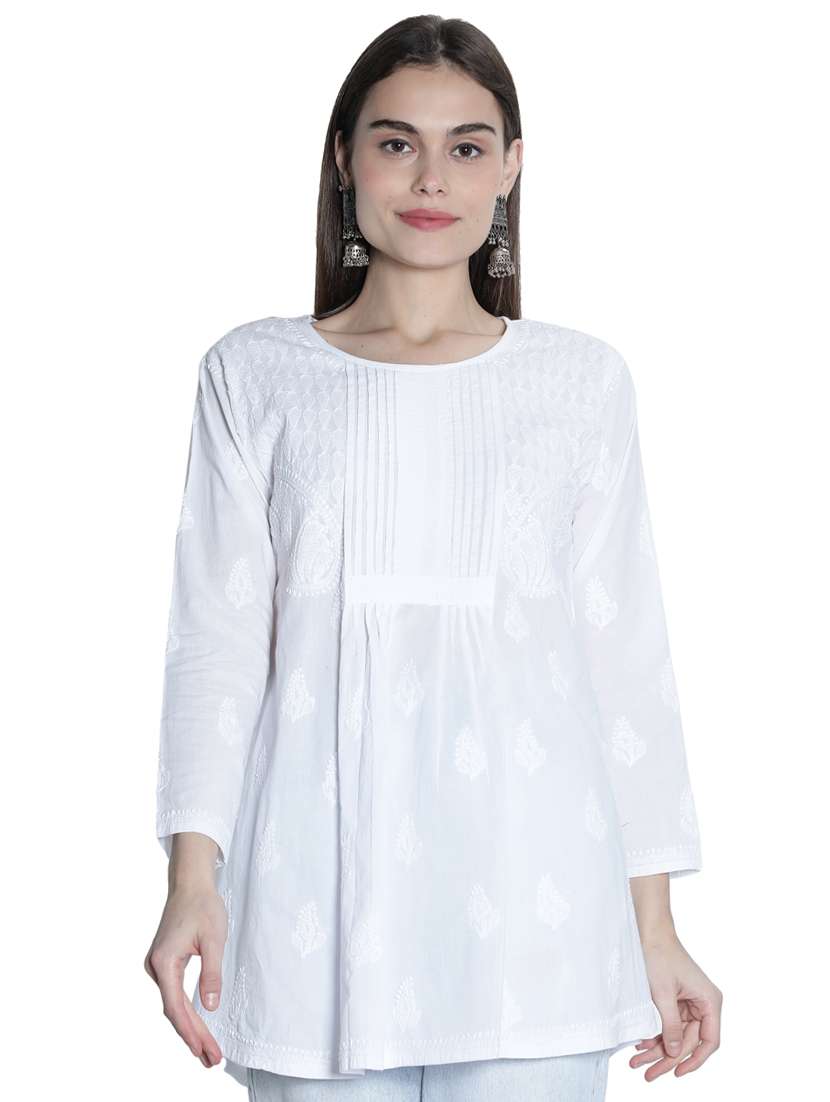 round neck chikankari a-line kurti - 18422544 - Zoom Image - 0