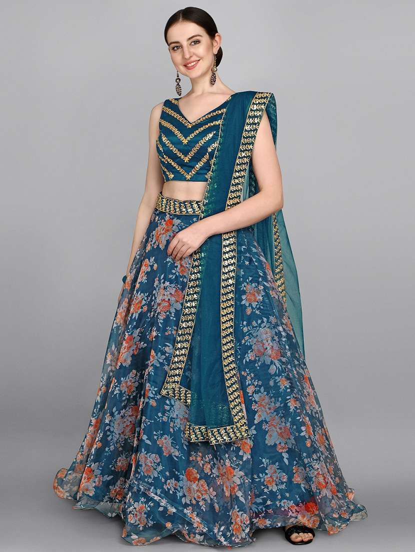 teal organza flared lehenga