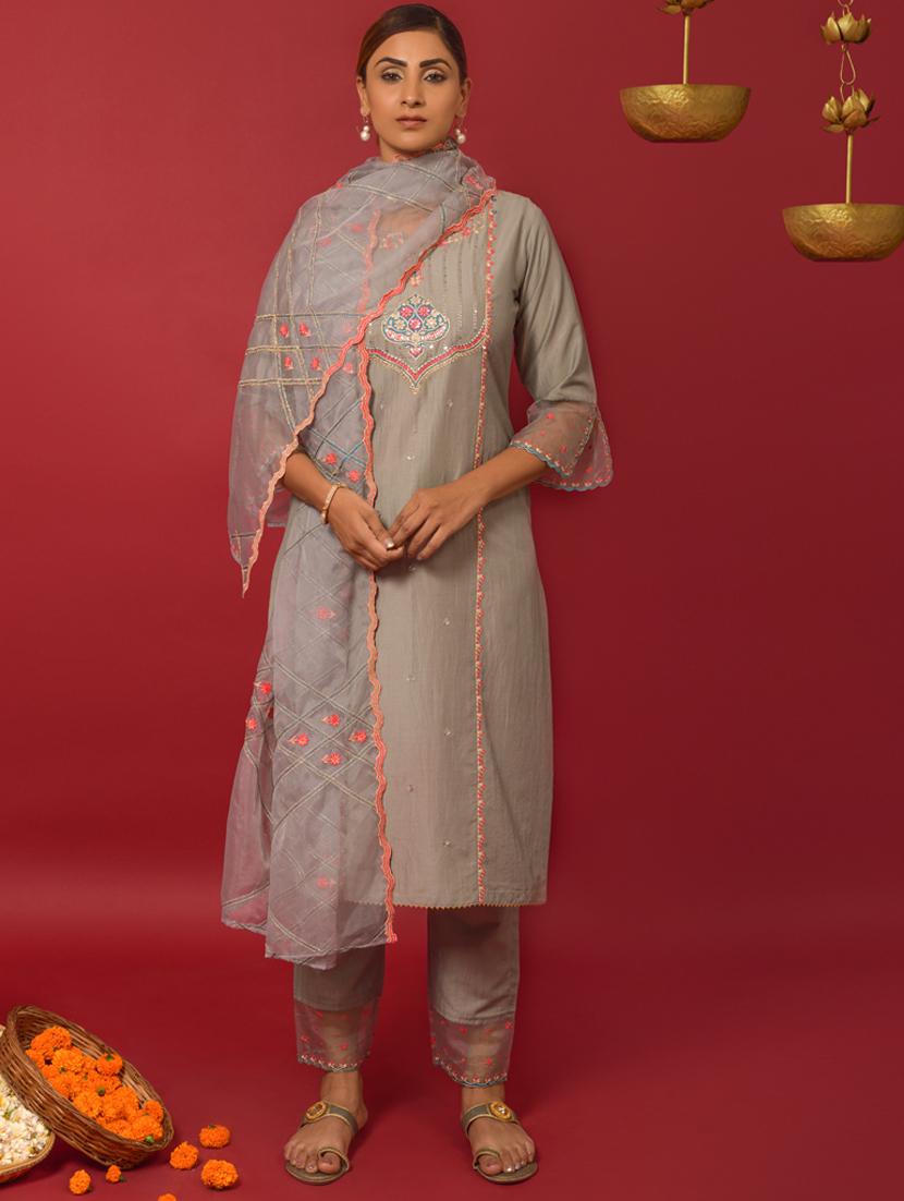 grey art silk kurta pant  set - 18423883 -  Zoom Image - 0