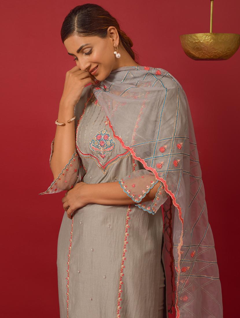 grey art silk kurta pant set - 18423883 - Standard Image - 3