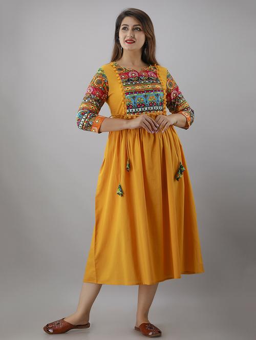 yellow printed a-line ethnic dress - 18424167 - Standard Image - 0