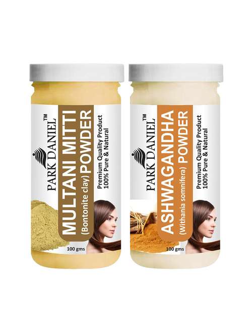 park daniel 100% pure & natural multani mitti powder & ashwagandha powder combo pack of 2 jars of 100 gms(200 gms) - 18427594 -  Standard Image - 0