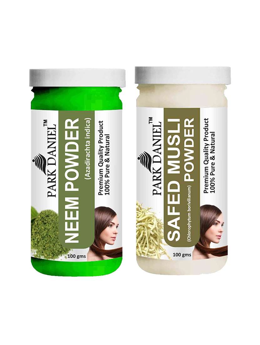 park daniel 100% pure & natural neem powder & safed musli powder combo pack of 2 jars of 100 gms(200 gms) - 18427694 - Zoom Image - 0