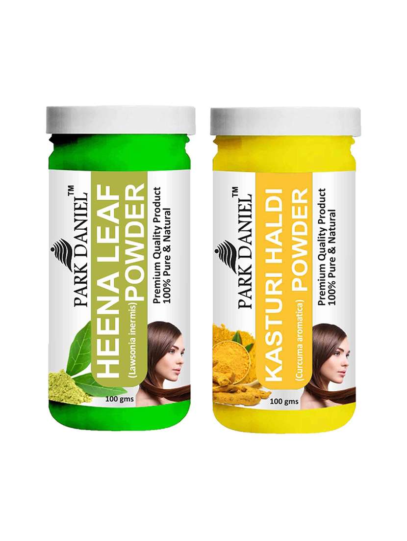 park daniel 100% pure & natural heena leaf powder & kasturi haldi powder combo pack of 2 jars of 100 gms(200 gms) - 18427898 - Zoom Image - 0