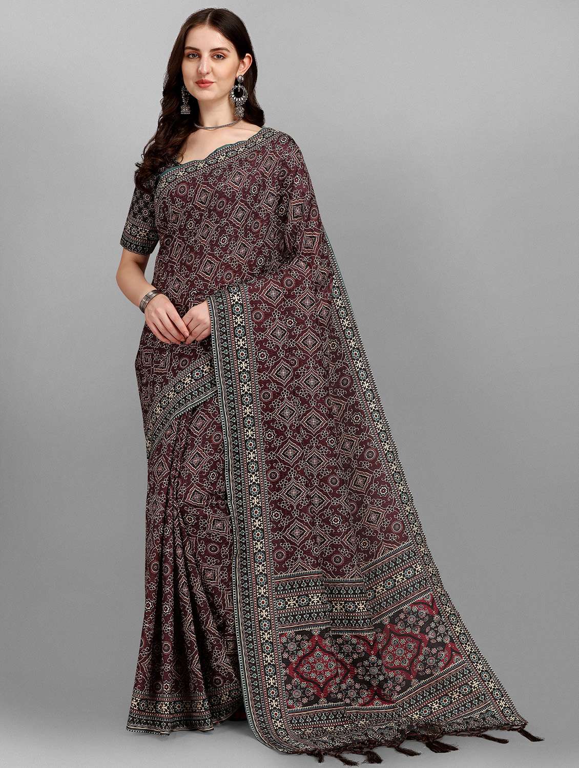 women's printed brown colored saree with blouse