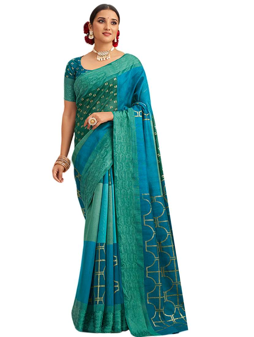 blue cotton silk printed saree with blouse