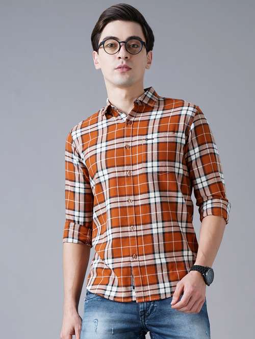 orange checkered casual shirt - 18430880 - Standard Image - 0