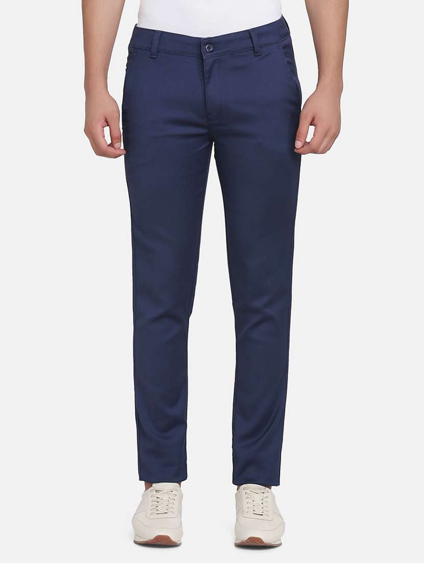navy blue solid chinos casual trouser