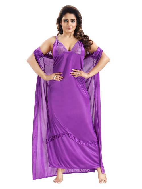 be you solid purple satin 6 piece nightwear set (1 robe, 1 nighty, 1 top, 1 patiyala, 1 lingerie set) for women - 18431357 -  Standard Image - 0