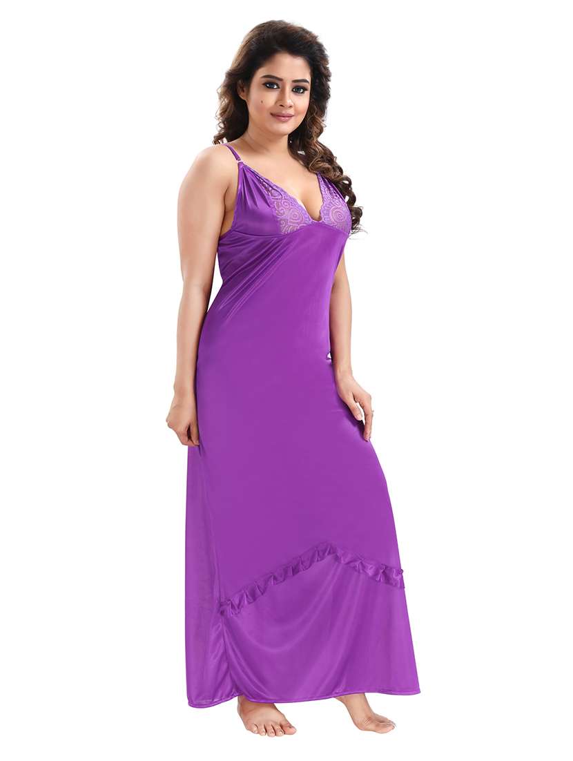 be you solid purple satin 6 piece nightwear set (1 robe, 1 nighty, 1 top, 1 patiyala, 1 lingerie set) for women - 18431357 -  Standard Image - 3
