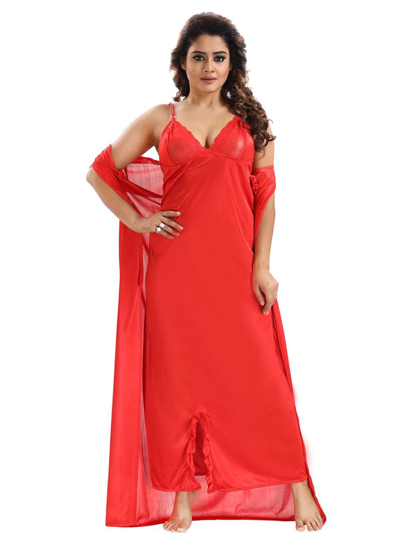 be you solid red satin 6 piece nightwear set (1 robe, 1 nighty, 1 top, 1 patiyala, 1 lingerie set) for women