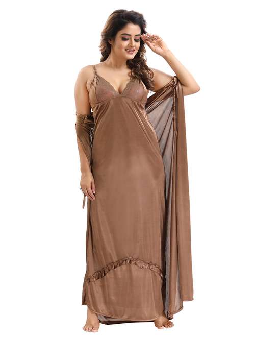 be you solid brown satin 6 piece nightwear set (1 robe, 1 nighty, 1 top, 1 patiyala, 1 lingerie set) for women - 18431362 -  Standard Image - 0