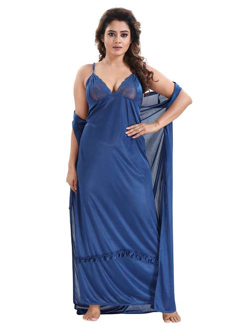 be you solid blue satin 6 piece nightwear set (1 robe, 1 nighty, 1 top, 1 patiyala, 1 lingerie set) for women - 18431363 -  Standard Image - 0