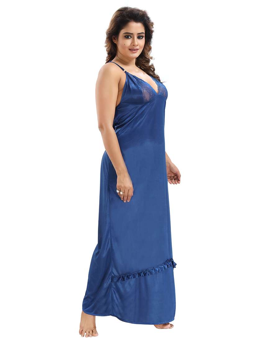 be you solid blue satin 6 piece nightwear set (1 robe, 1 nighty, 1 top, 1 patiyala, 1 lingerie set) for women - 18431363 -  Standard Image - 3