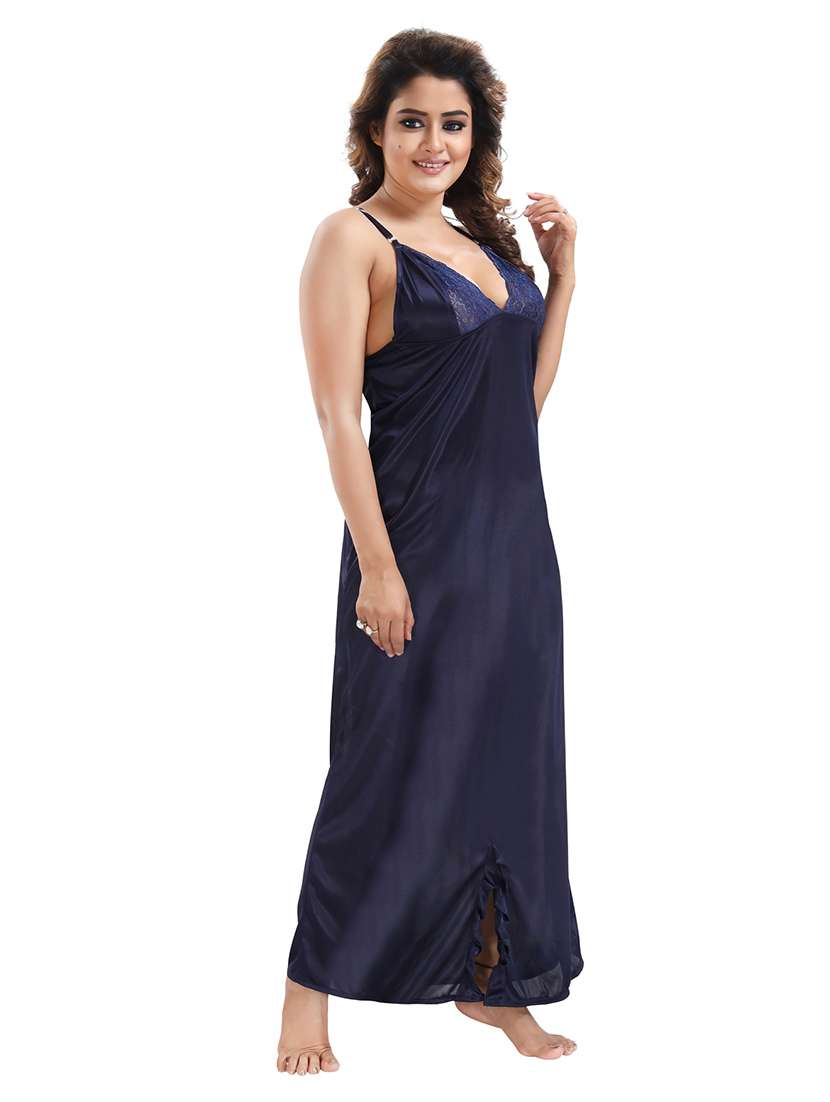 be you solid navy blue satin 6 piece nightwear set (1 robe, 1 nighty, 1 top, 1 patiyala, 1 lingerie set) for women - 18431364 -  Standard Image - 3