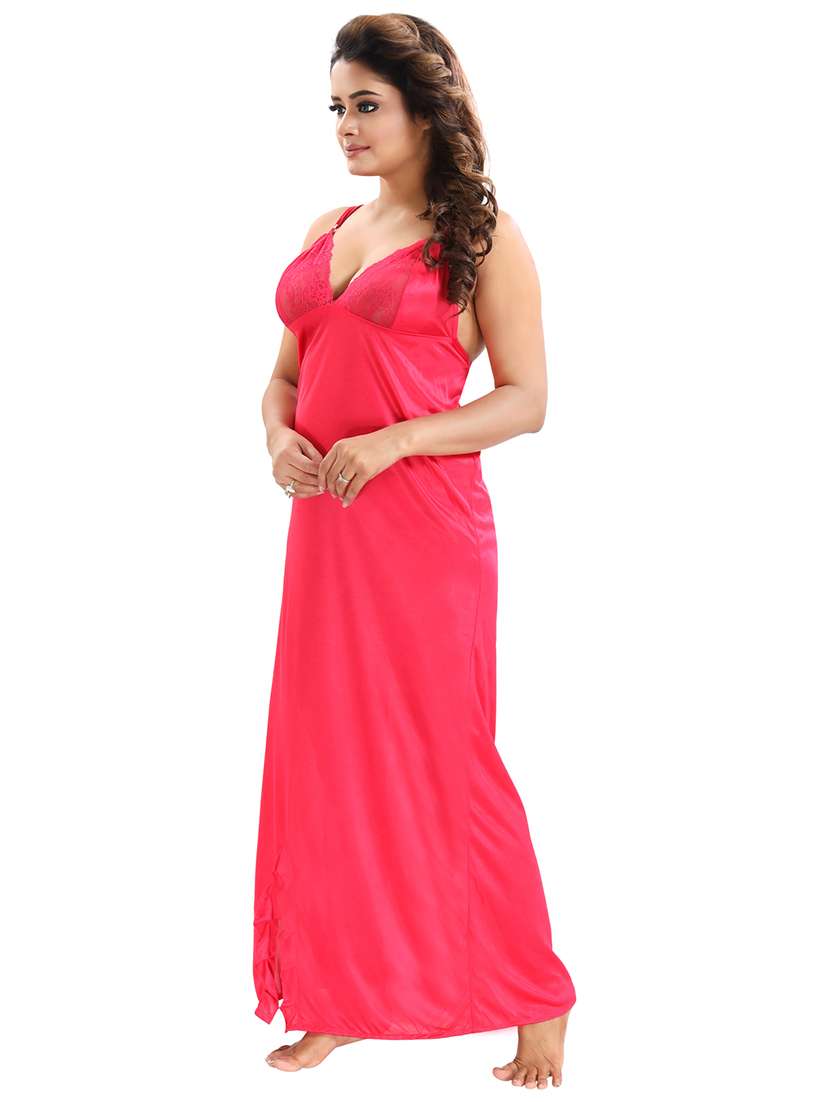 be you solid hot pink satin 6 piece nightwear set (1 robe, 1 nighty, 1 top, 1 patiyala, 1 lingerie set) for women - 18431365 - Standard Image - 3