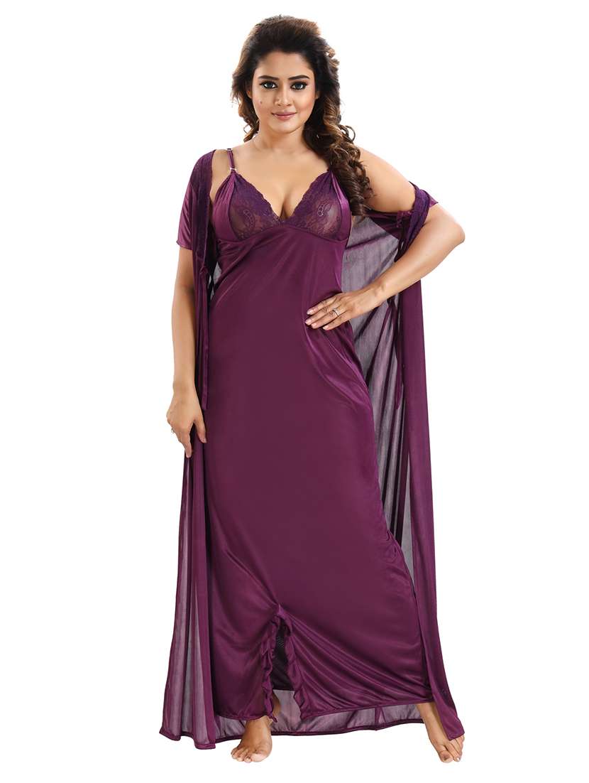 be you solid purple satin 6 piece nightwear set (1 robe, 1 nighty, 1 top, 1 patiyala, 1 lingerie set) for women