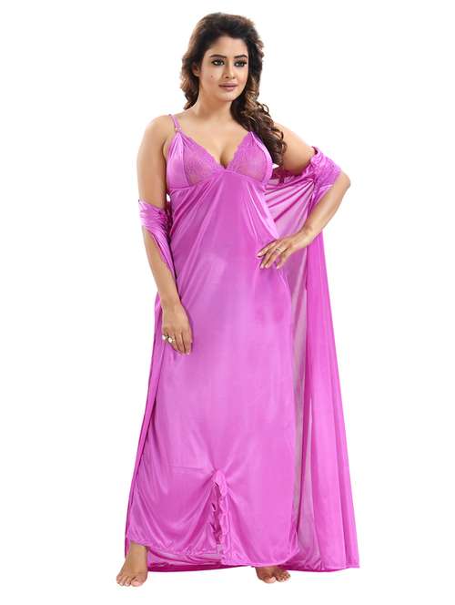 be you solid lavender satin 6 piece nightwear set (1 robe, 1 nighty, 1 top, 1 patiyala, 1 lingerie set) for women - 18431367 -  Standard Image - 0