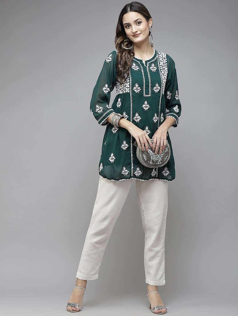 ada hand embroidered dark green georgette lucknowi chikankari kurti with slip - 18431619 - Standard Image - 3