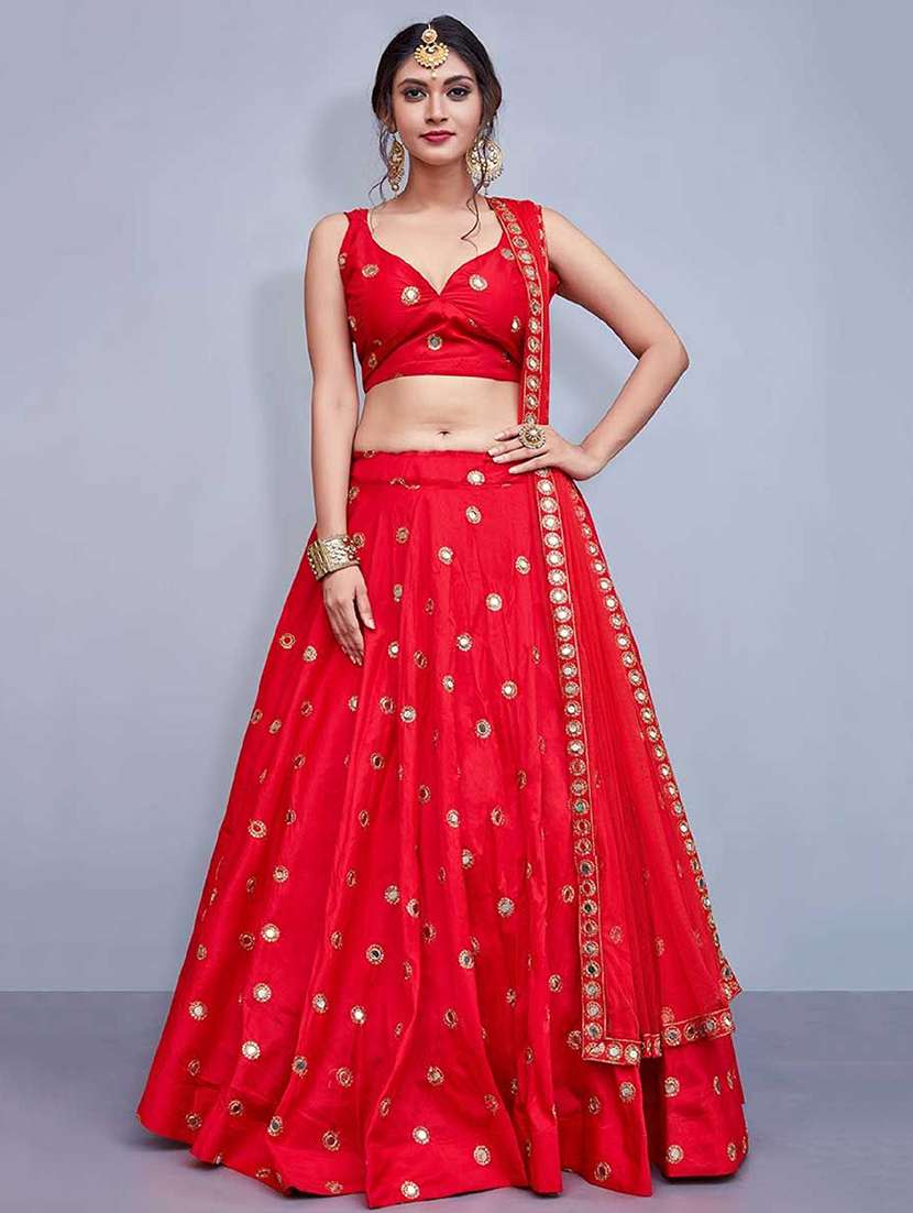 red mirror work solid semi-stitched lehenga choli with dupatta