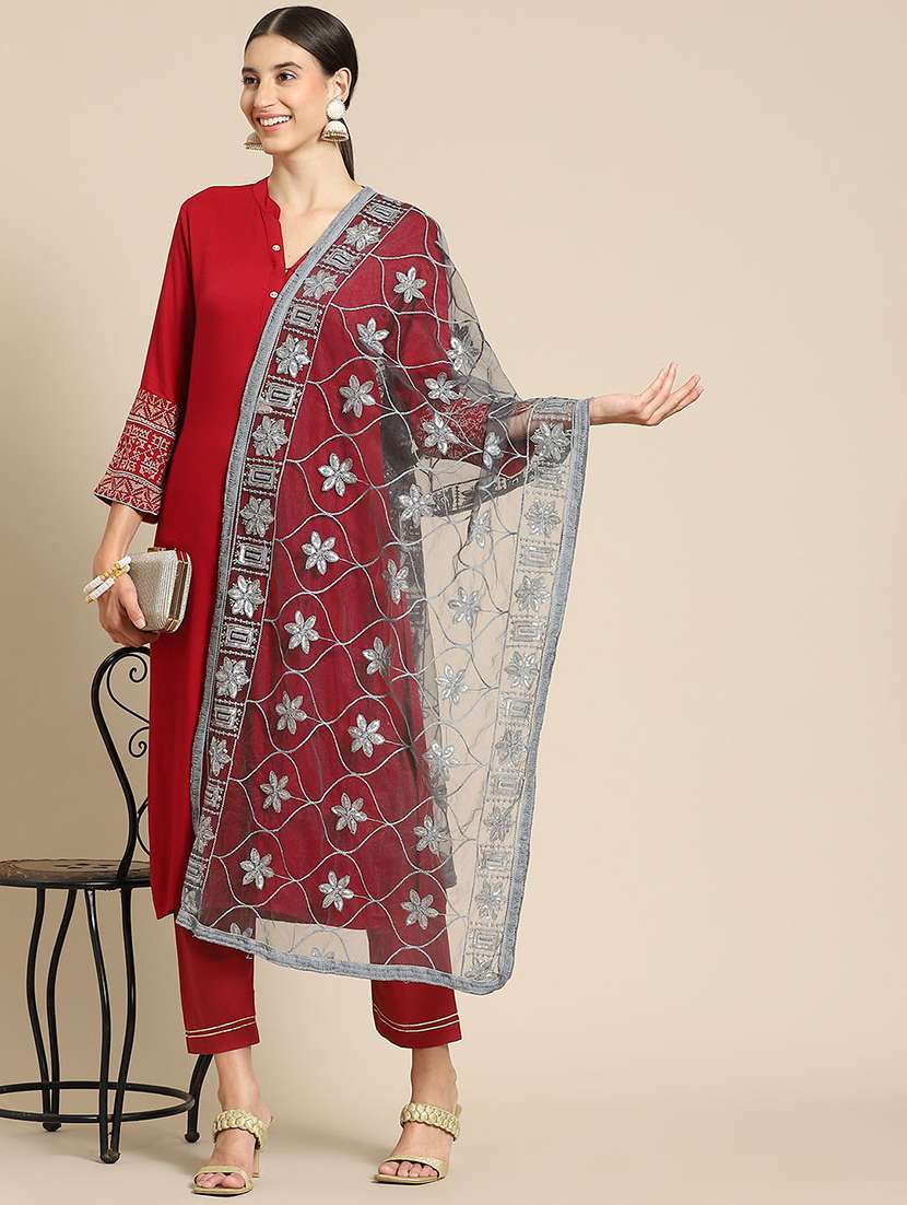 Buy online Grey Net Embroidered Dupatta from dupattas and scarves for Women by Saadgi for ₹1280