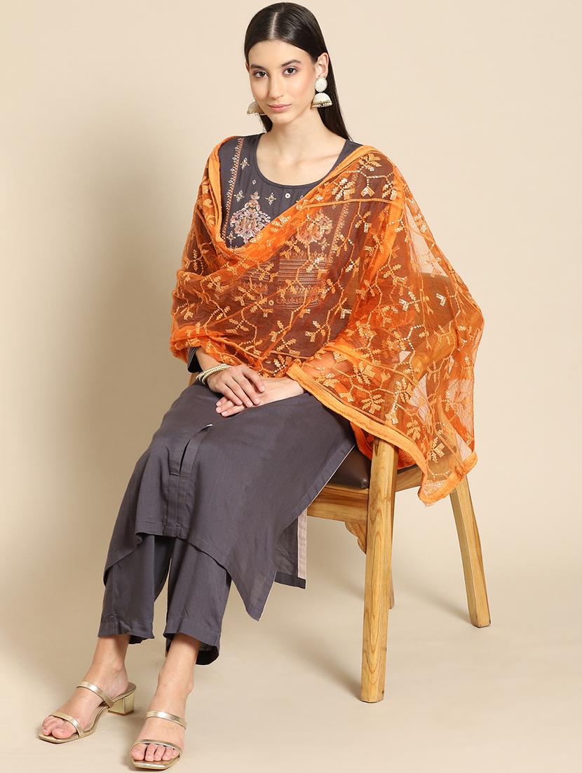 tonal embroidered chikankari net dupatta - 18435588 - Zoom Image - 0