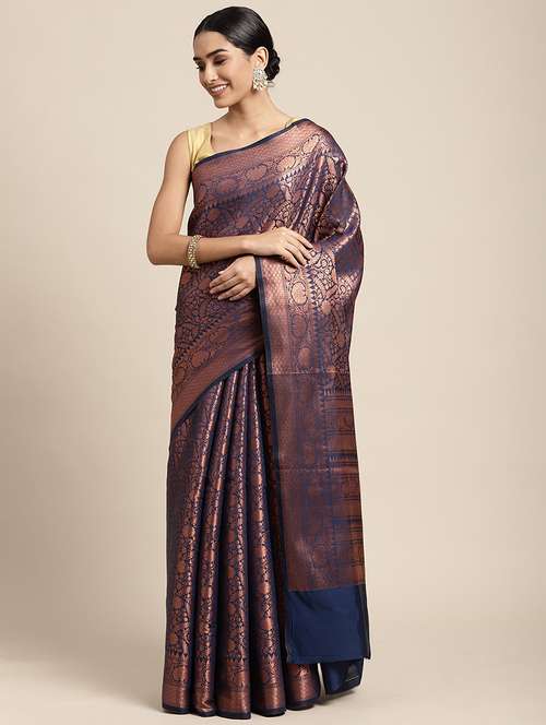 navy blue zari work woven saree with blouse - 18436710 -  Standard Image - 0