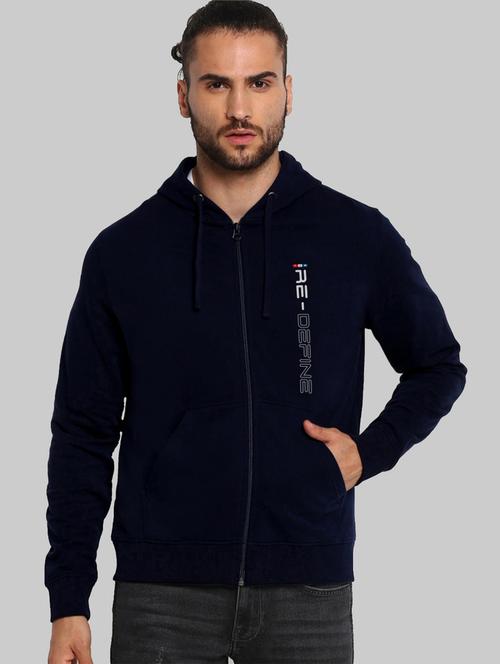 navy blue chest-printed hooded sweatshirt - 18437069 - Standard Image - 0