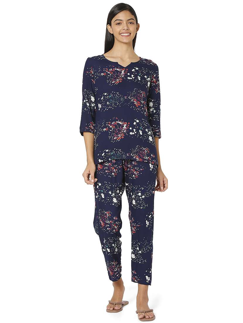 navy blue printed nightwear set
