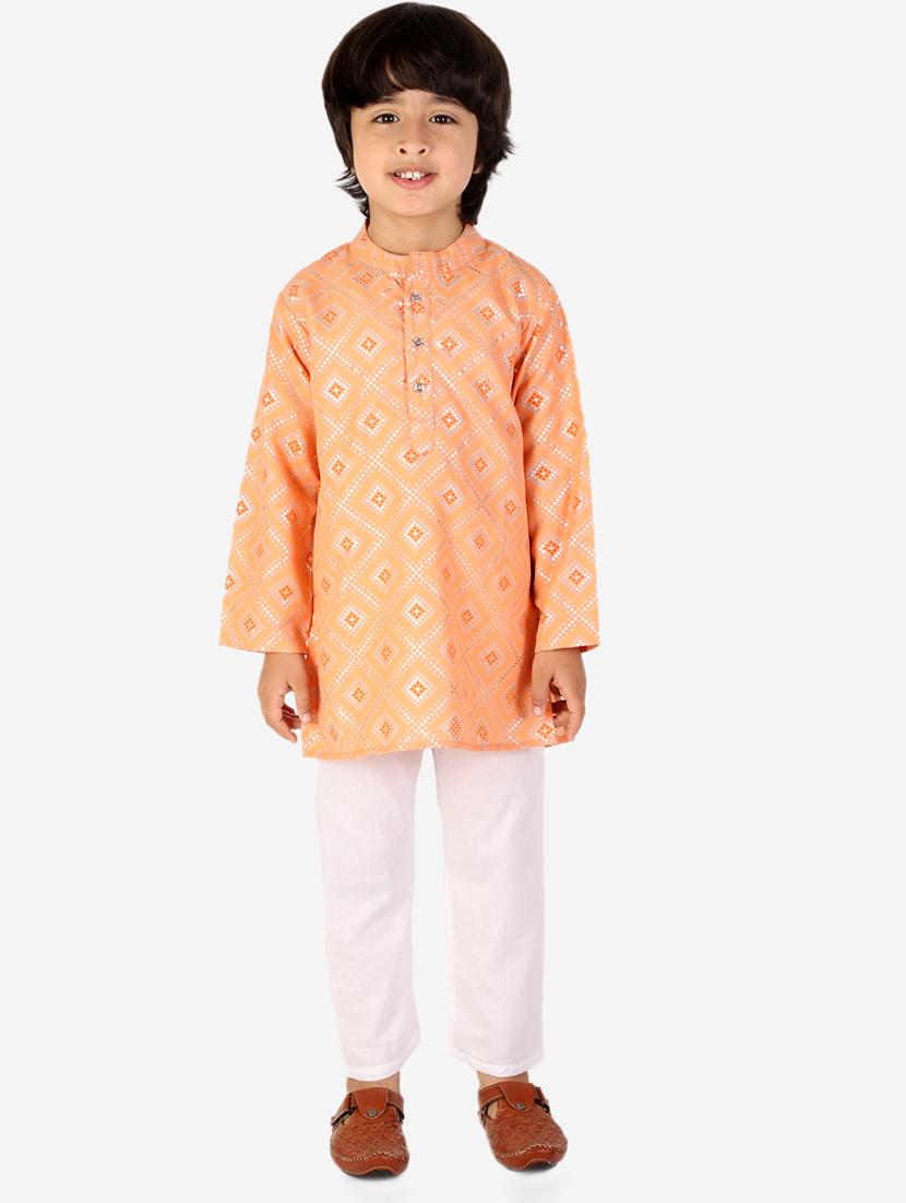 boys peach printed kurta pajama set 