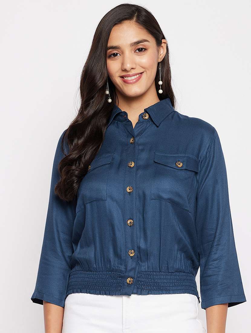 women solid collared short shirt - 18438583 - Zoom Image - 0