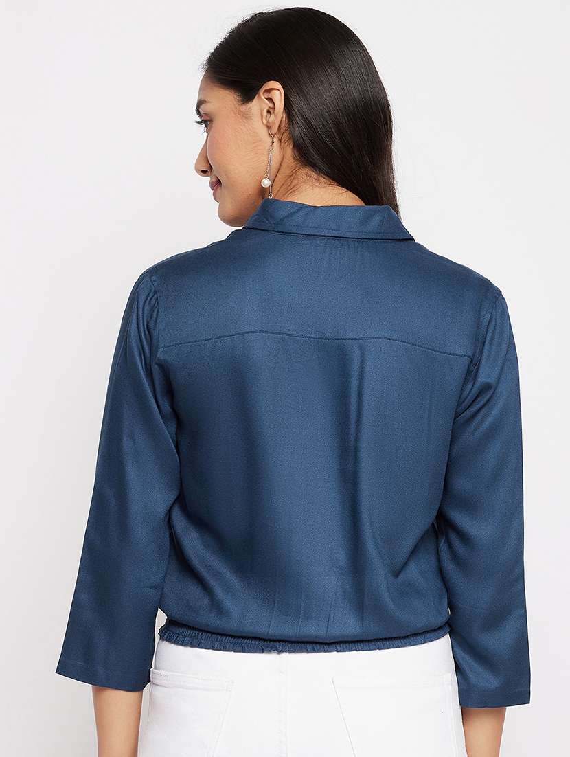 women solid collared short shirt - 18438583 - Standard Image - 3