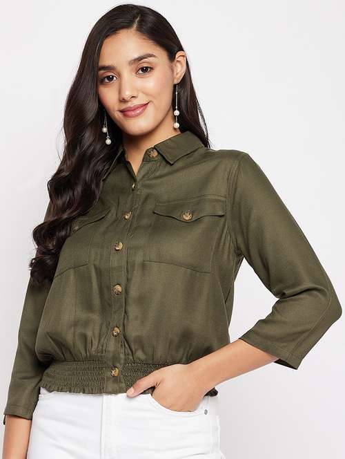 women solid collared short shirt - 18438584 -  Standard Image - 0