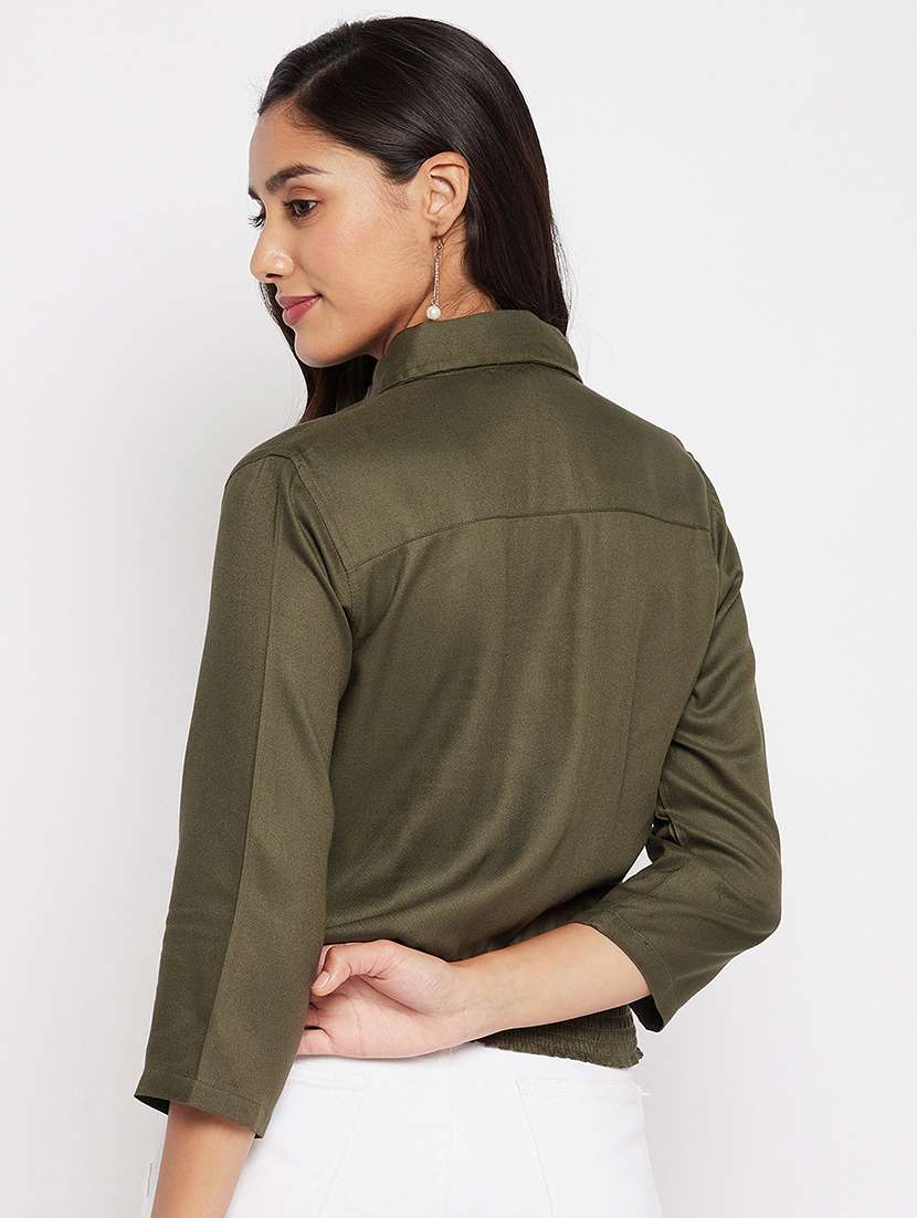 women solid collared short shirt - 18438584 - Standard Image - 3