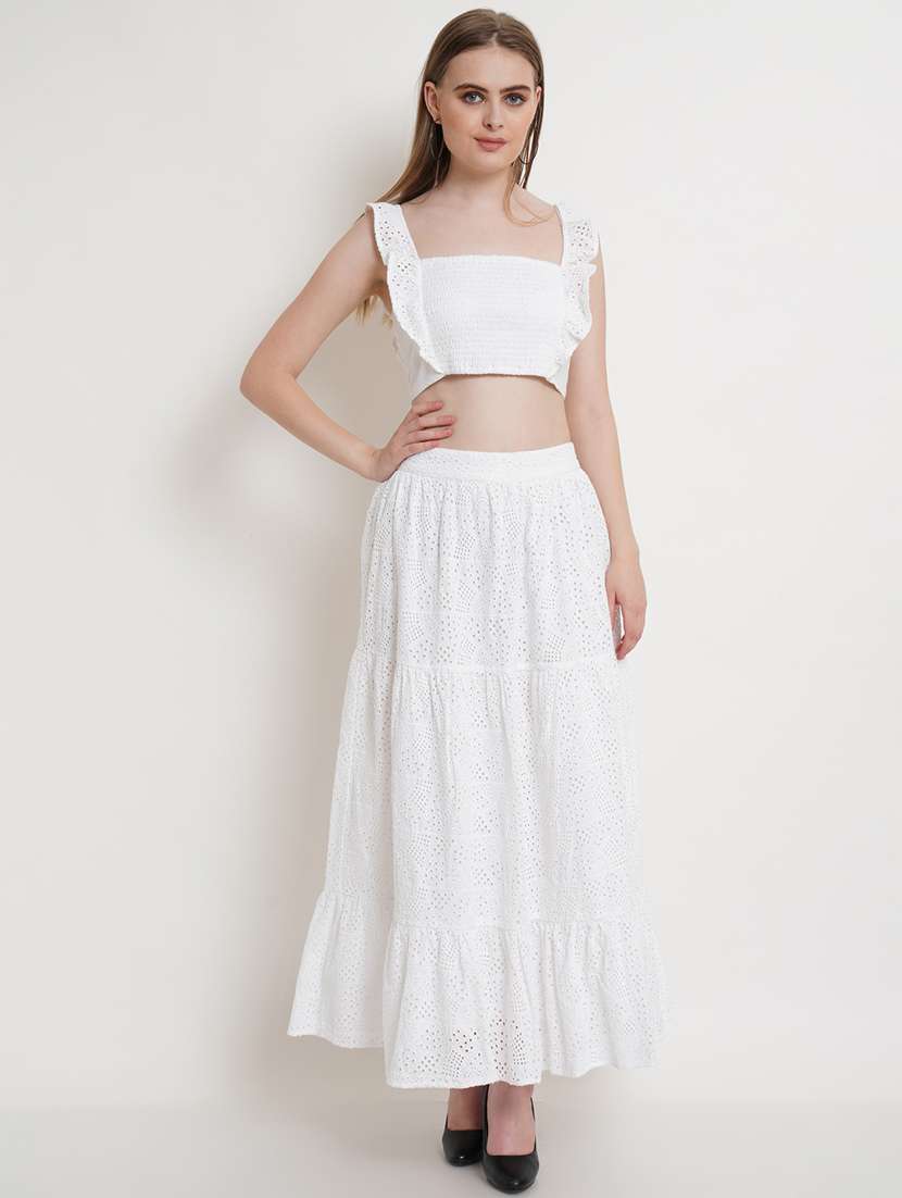 Buy online White Solid Crop Top With Flared Skirt Set from western