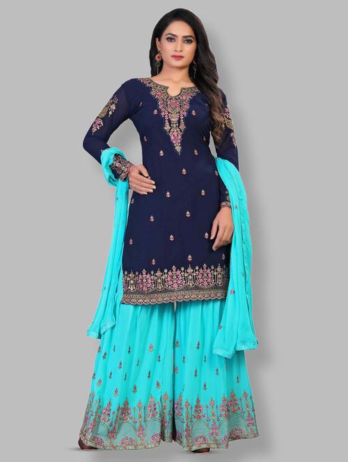 embroidered semi-stitched sharara suit set - 18438998 - Standard Image - 0