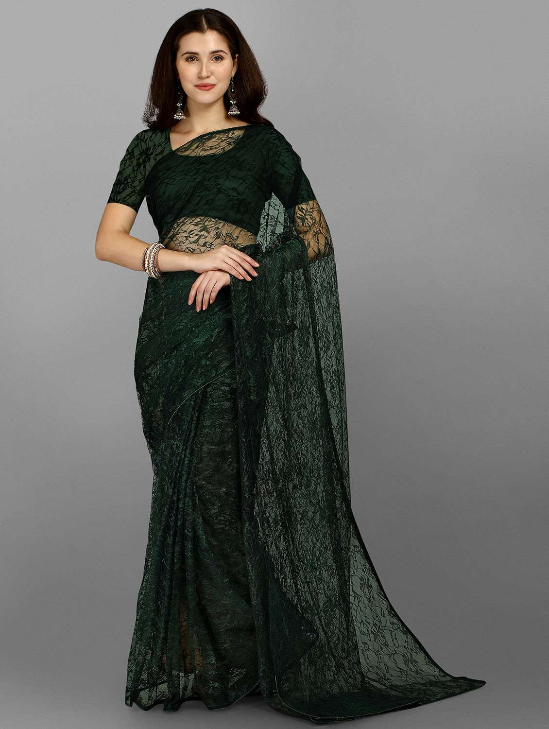 bottle green self design net saree with blouse
