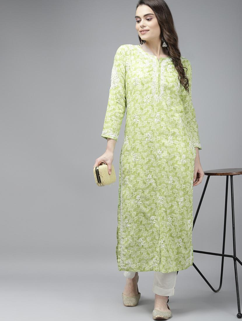 notch neck cotton chikankari straight kurta - 18439715 - Standard Image - 3