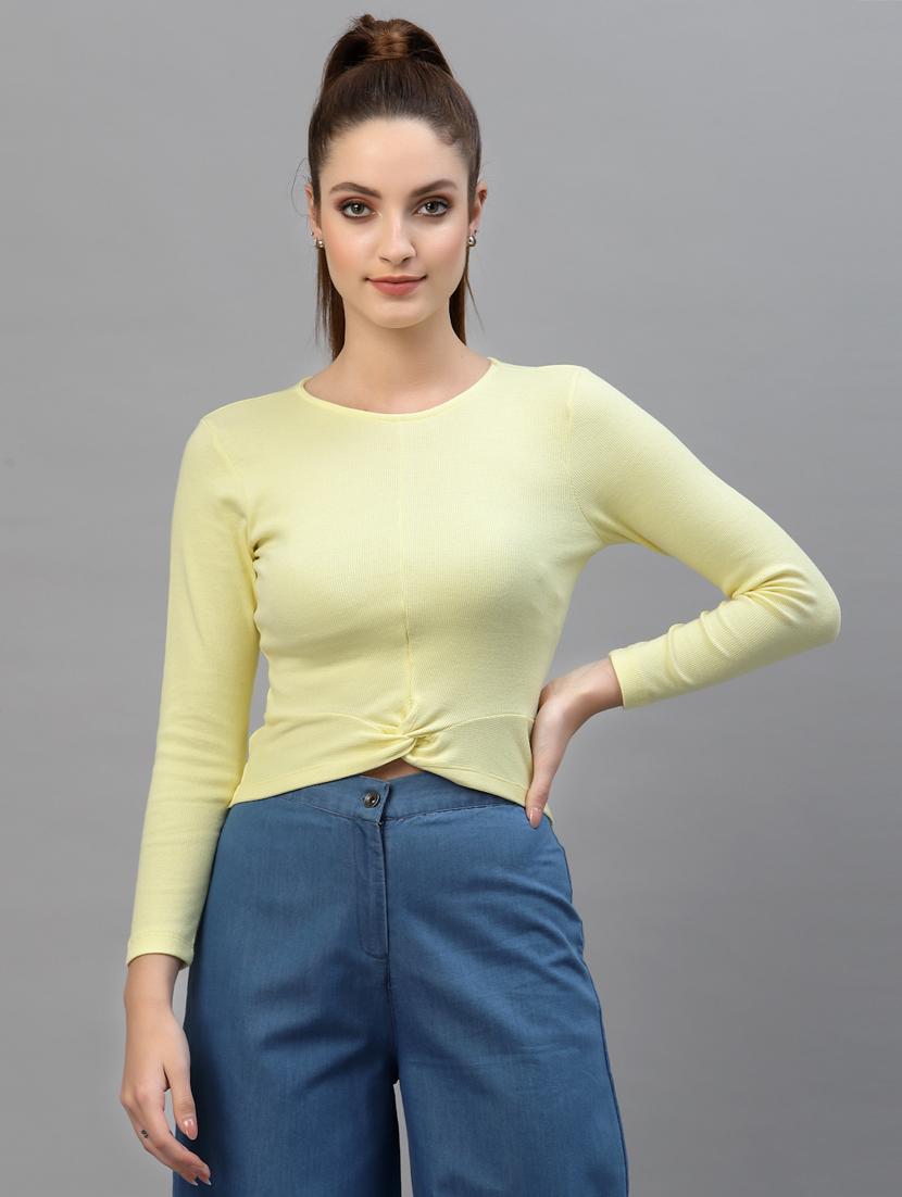 yellow solid long sleeved crop top - 18439875 - Zoom Image - 0