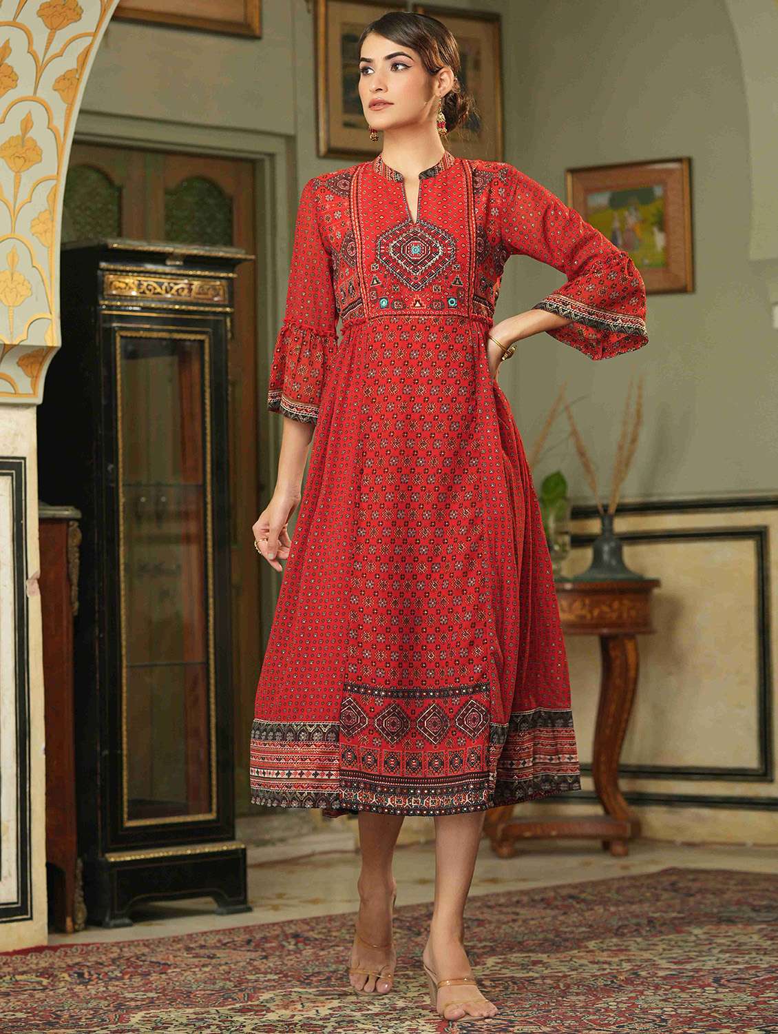 printed flared ethnic dress - 18439883 -  Zoom Image - 0