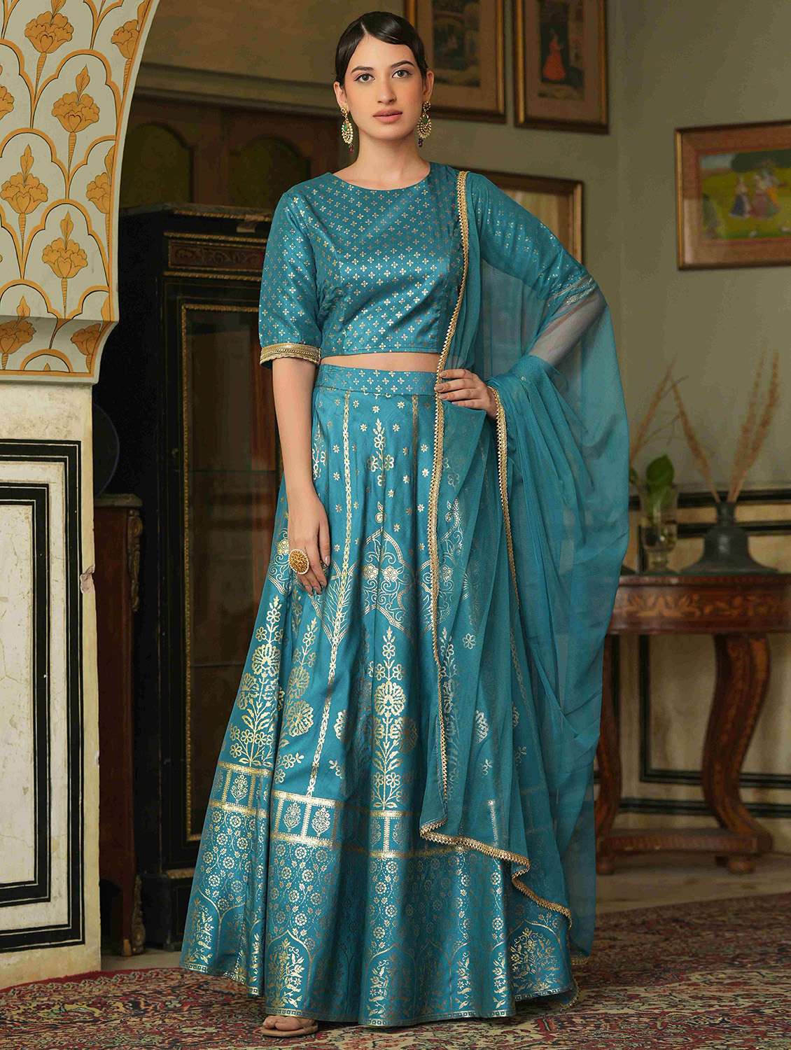 teal foil print semi-stitched lehenga choli with dupatta