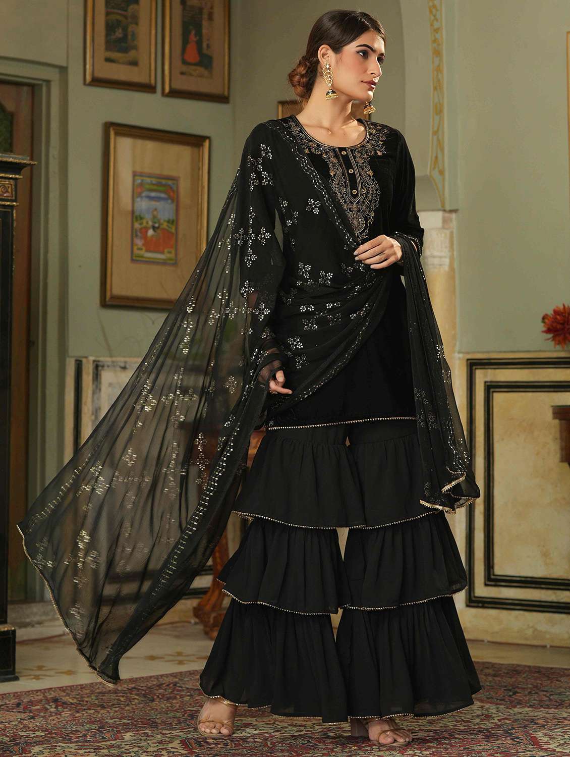 yoke embroidered kurta sharara set with dupatta 
