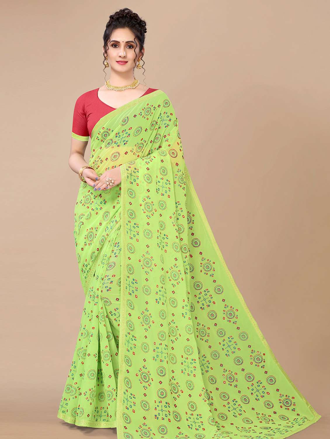 women's printed light green colored saree with blouse
